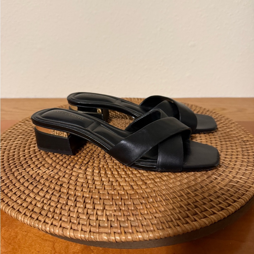 Vince Camuto Black Slide Sandals with Heel‎ Gold Accent